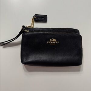 Coach Black Leather Double-Zip Card Wallet with Gold Hardware
